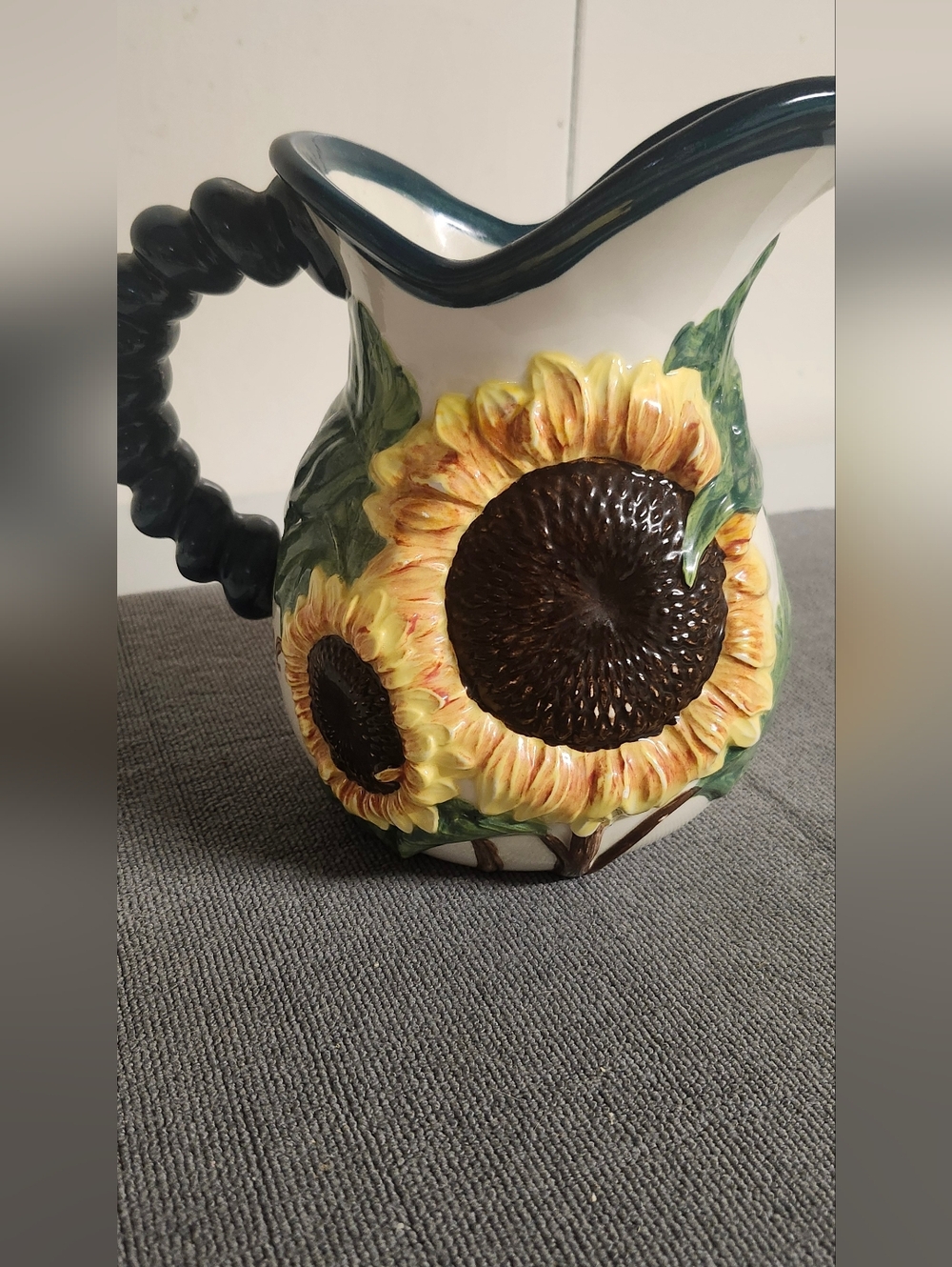 Hand-Painted Sunflower Ceramic Pitcher - Yellow & Green